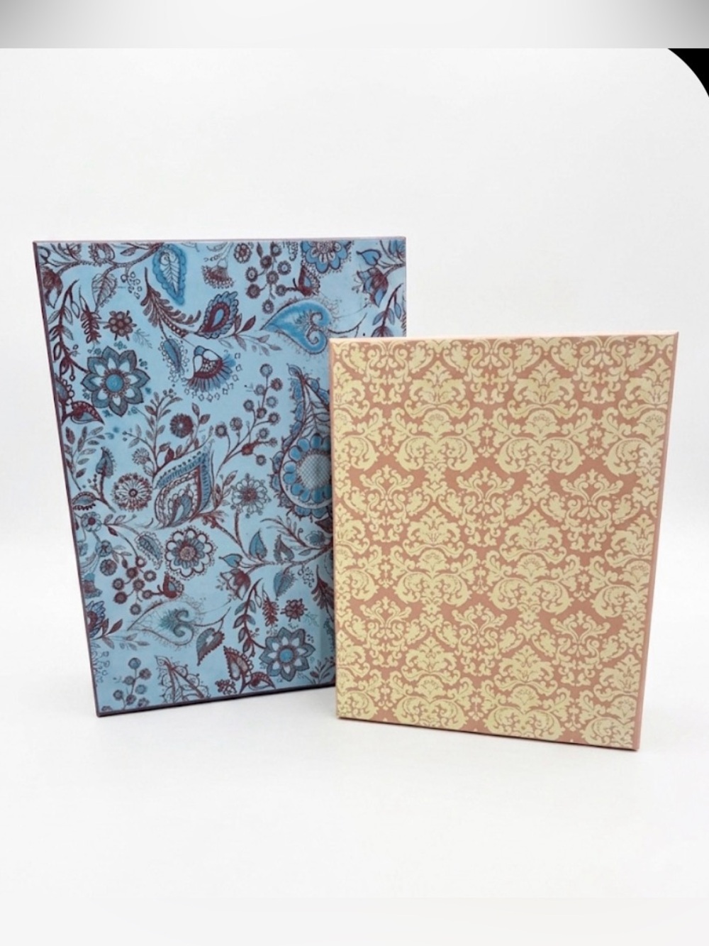 Decorative Patterned Storage Boxes in Blue Paisley & Tan Damask